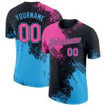 Custom Name & Number Performance T-Shirt - Personalized Abstract 3D Brush Stroke Design in Black & Pink-Sky Blue Personalized