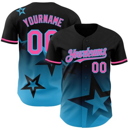 Personalized Gradient Twinkle Star Baseball Jersey with Custom Name and Number - Black Pink-Sky Blue 3D Pattern Design Personalized