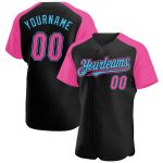 Custom Name and Number Personalized Baseball Jersey in Black and Pink Sky Blue, Authentic Raglan Sleeves Style Personalized