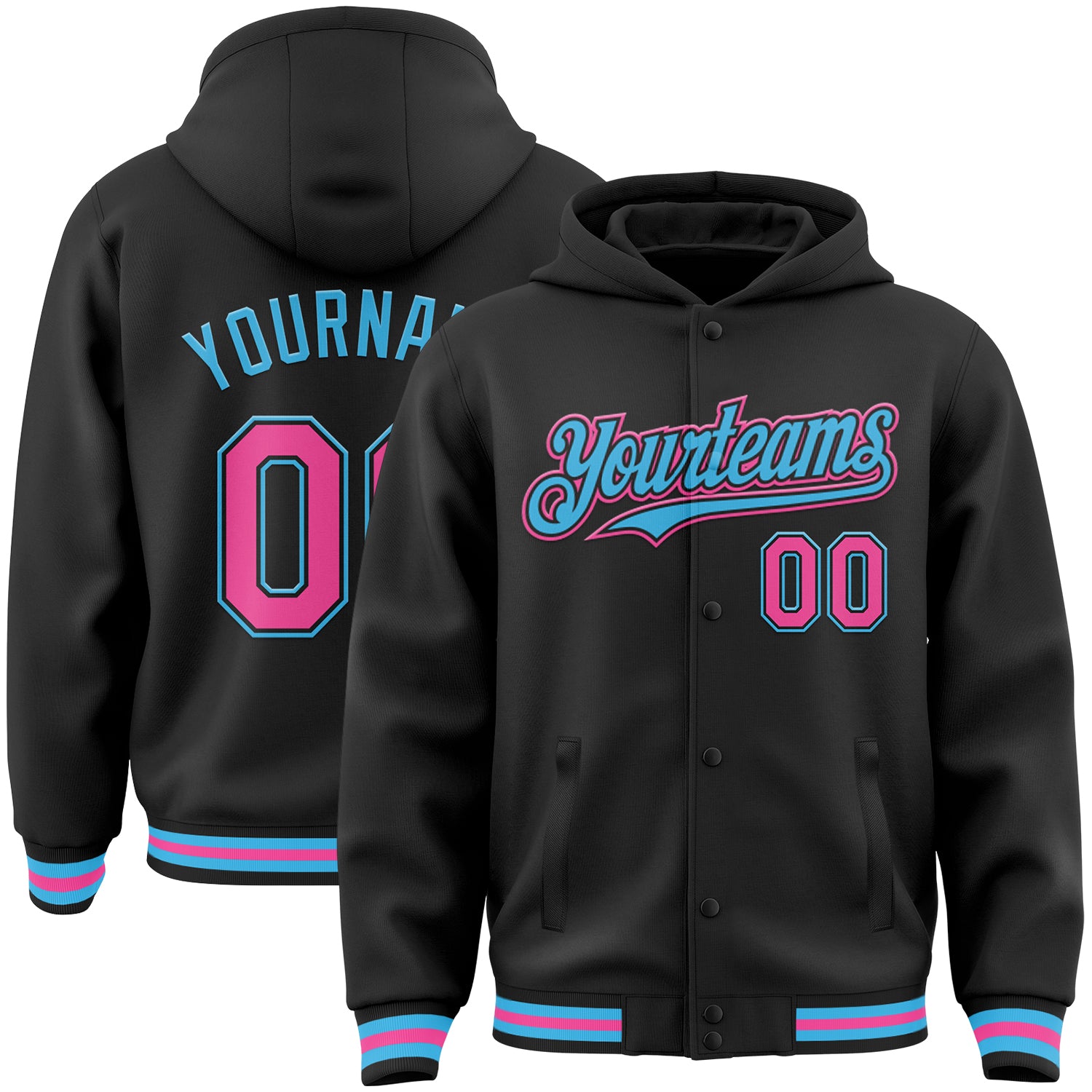 Custom Name Number Varsity Hoodie Jacket Personalized Black Pink-Sky Blue Bomber Full-Snap Style Personalized Black Pink-Sky