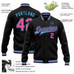 Personalized Black Pink Sky Blue Varsity Letterman Bomber Jacket Full-Snap Personalized Black Pink-Sky Blue Bomber Full-Snap