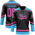 Personalized Hockey Jersey in Black and Pink Sky Blue with Lace Neck Design Personalized Black Pink-Sky Blue Hockey Lace