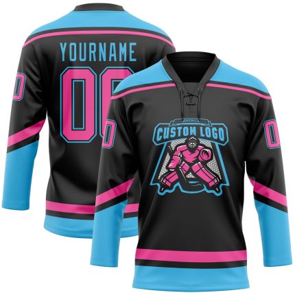 Personalized Hockey Jersey in Black and Pink Sky Blue with Lace Neck Design Personalized Black Pink-Sky Blue Hockey Lace