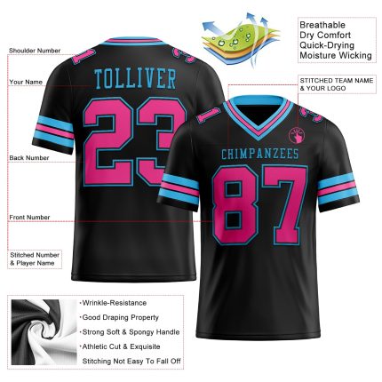 Custom Black Pink-Sky Blue Mesh Football Jersey - Authentic Design Personalized Black Pink-Sky Blue Mesh Authentic Football