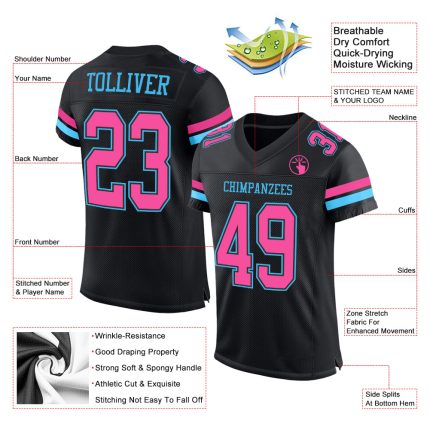 Customizable Personalized Black Pink-Sky Blue Football Jersey with Name and Number - Authentic Team Gear Personalized Black