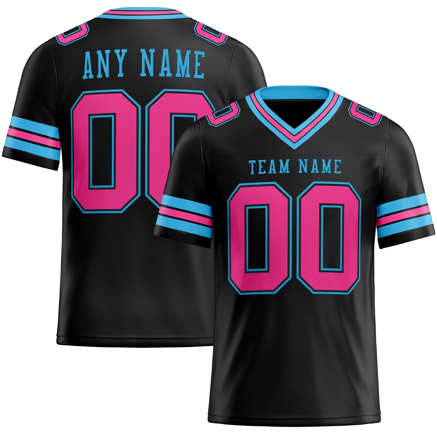 Personalized Football Jersey Black Pink-Sky Blue Mesh for Men and Women 2 Personalized Black Pink-Sky Blue Mesh Football