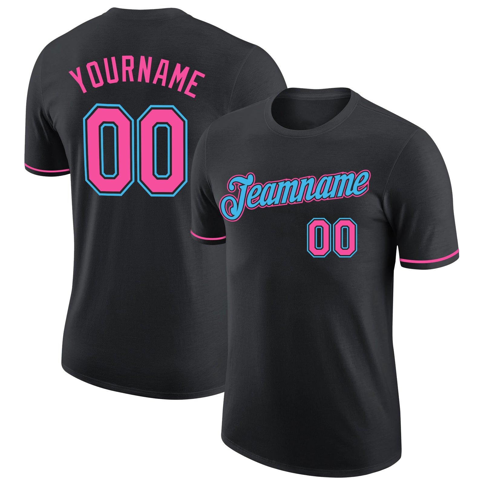 Custom Team Performance T-Shirt with Personalized Name and Number - Black Pink-Sky Blue Personalized Black Pink-Sky Blue