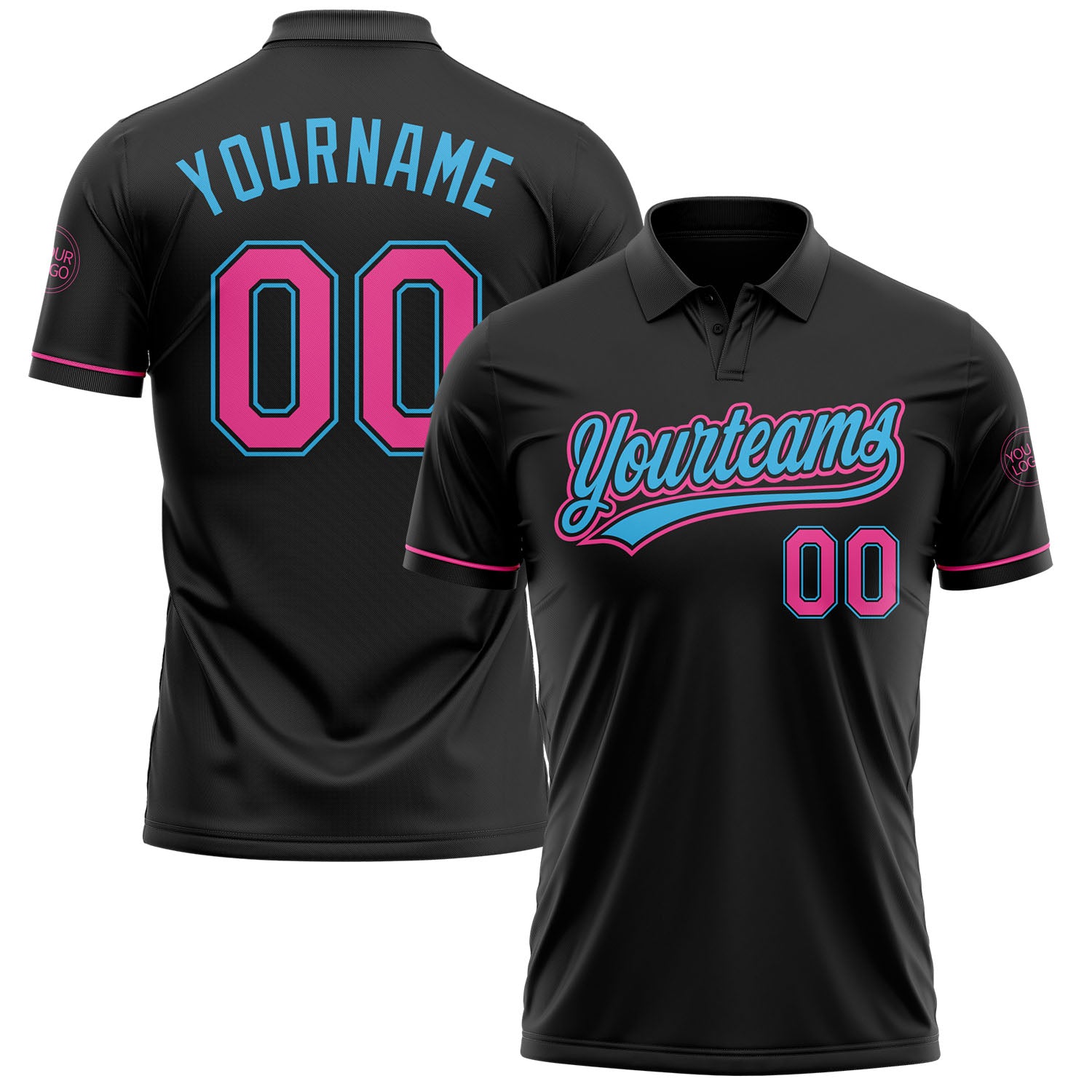 Custom Name Number Golf Polo Shirt Personalized Black Pink-Sky Blue Performance Design Personalized Black Pink-Sky Blue Performance