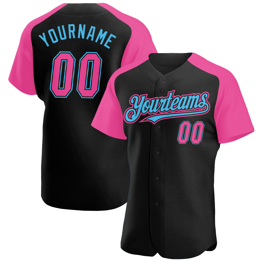 Personalized Raglan Baseball Jersey Black Pink-Sky Blue for Custom Style Personalized Black Pink-Sky Blue Raglan Sleeves