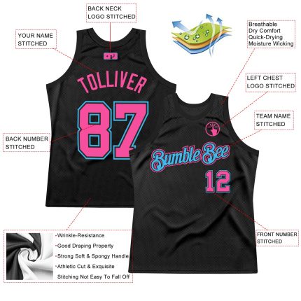 Personalized Throwback Basketball Jersey in Black and Pink Sky Blue Personalized Black Pink-Sky Blue Throwback Basketball