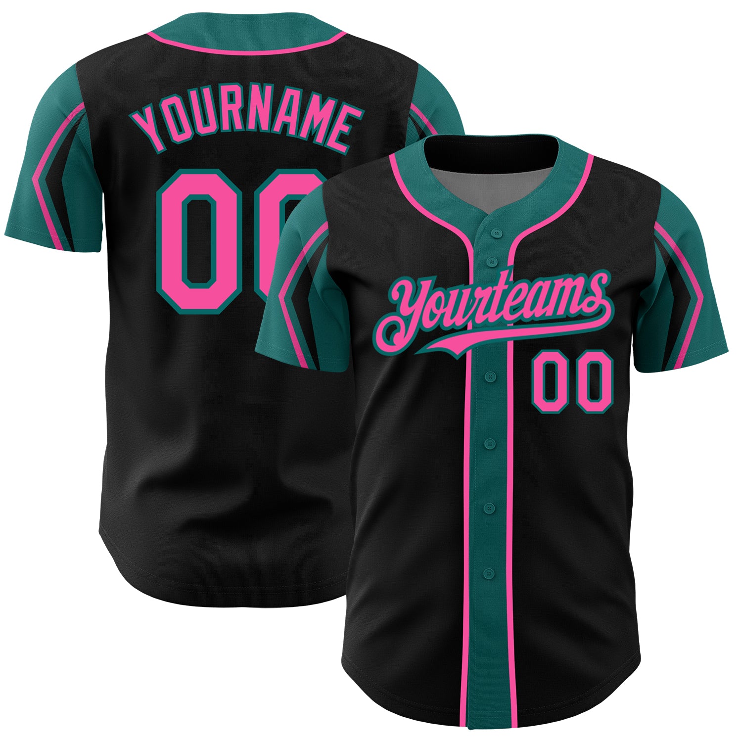 Personalized Authentic Baseball Jersey with Custom Name & Number in Black Pink-Teal with 3 Color Arm Shapes Personalized