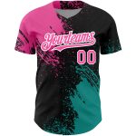 Personalized 3D Abstract Brush Stroke Baseball Jersey in Black Pink-Teal Personalized Black Pink-Teal 3D Abstract Brush Stroke