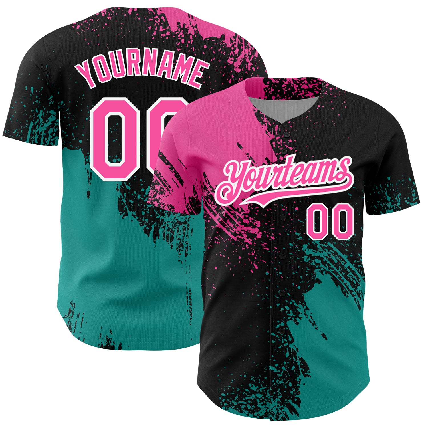 Personalized Abstract Brush Stroke Baseball Jersey in Black Pink-Teal 3D Pattern with Custom Name and Number Personalized