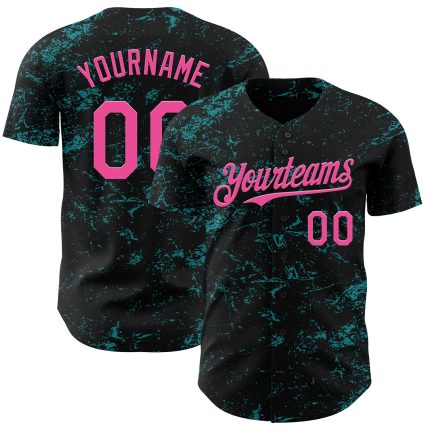 Custom Name & Number Baseball Jersey - Personalized Black Pink Teal 3D Abstract Splatter Texture Design Personalized Black