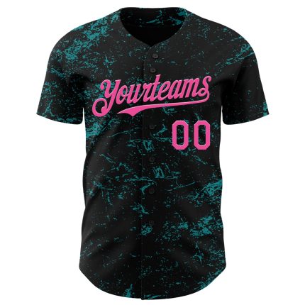 Custom Name & Number Baseball Jersey - Personalized Black Pink Teal 3D Abstract Splatter Texture Design Personalized Black