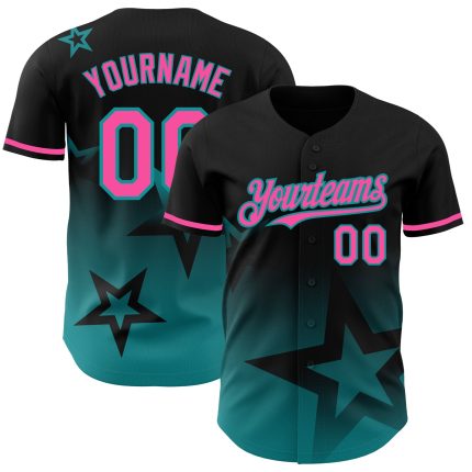 Personalized 3D Gradient Twinkle Star Black Pink-Teal Baseball Jersey with Custom Name and Number Personalized Black Pink-Teal