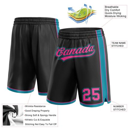 Custom Name and Number Personalized Black Pink-Teal Basketball Shorts Authentic Team Style Personalized Black Pink-Teal Authentic
