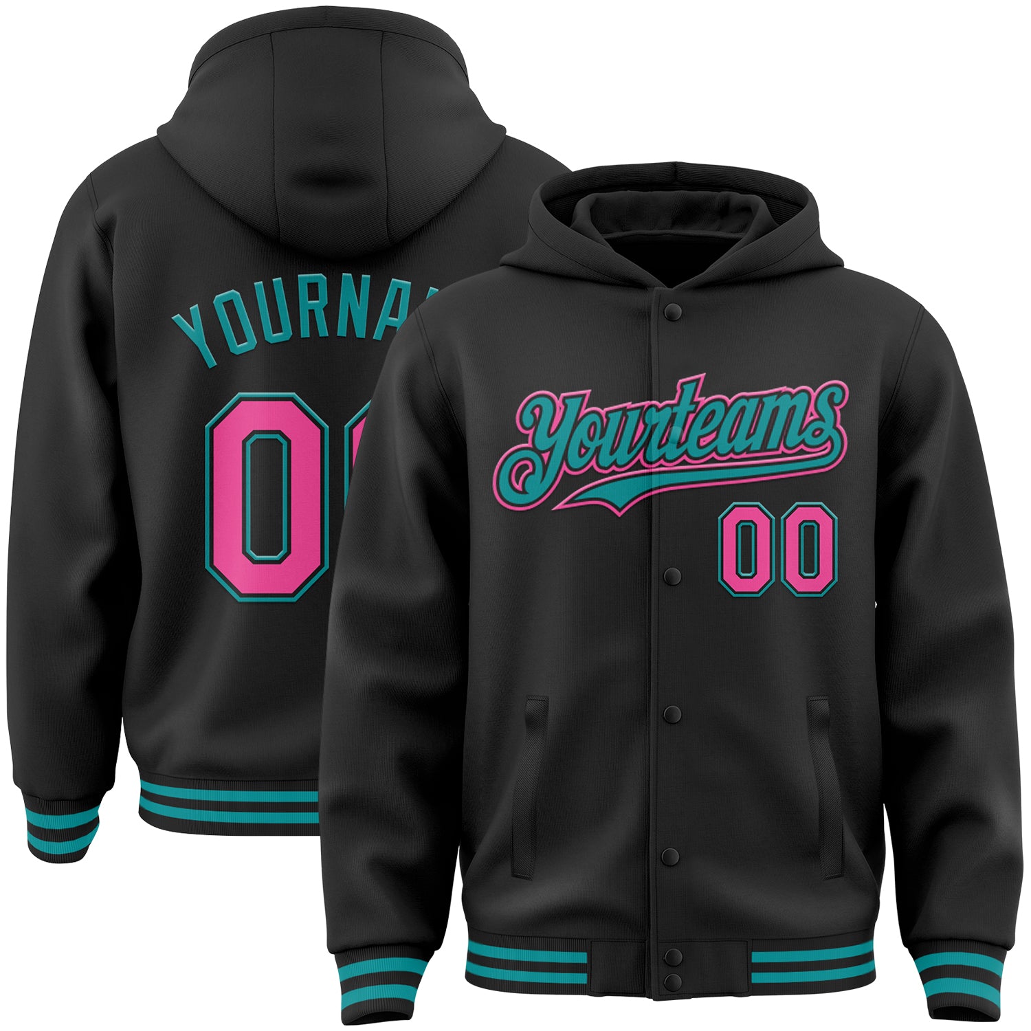 Custom Name Number Bomber Hoodie Jacket Black Pink Teal Varsity Full-Snap Letterman Personalized Black Pink-Teal Bomber Full-Snap