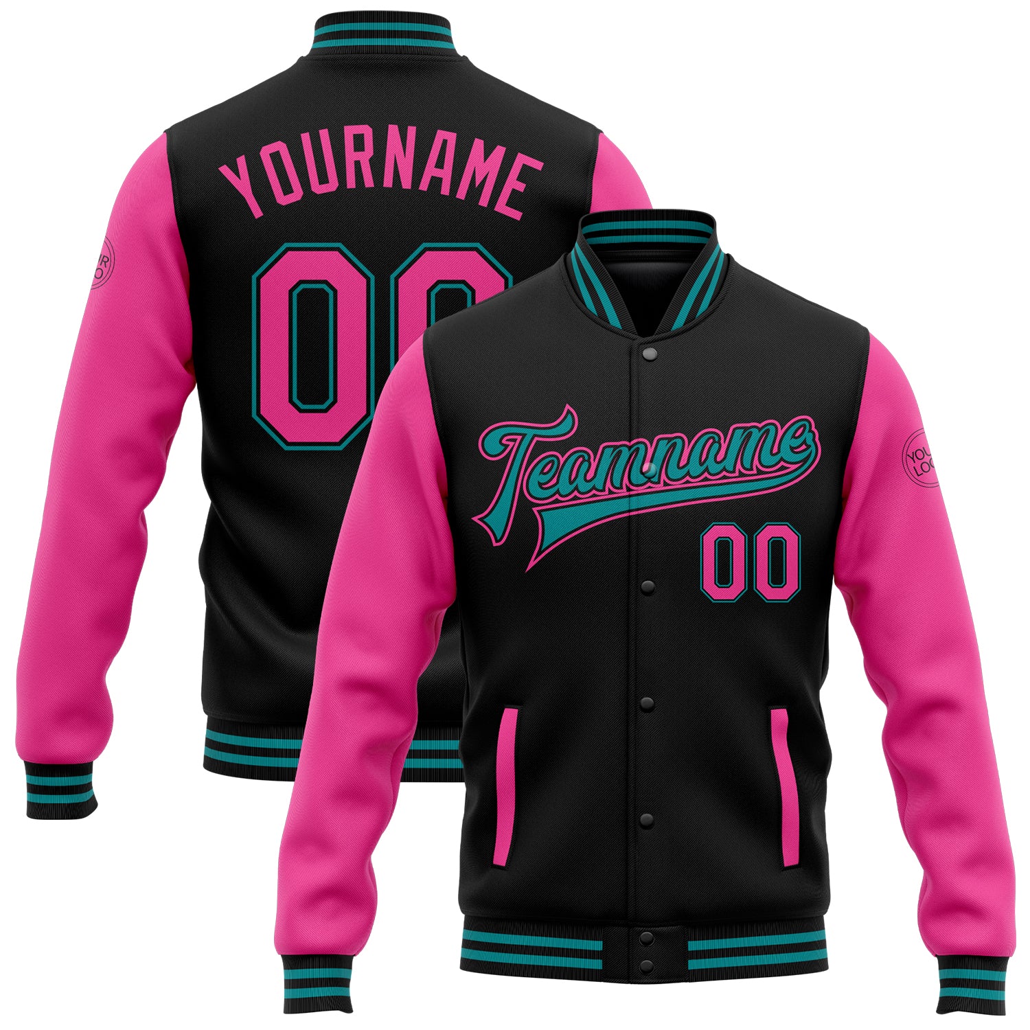 Custom Team Name Number Black Pink-Teal Varsity Letterman Bomber Jacket Full-Snap Two Tone Personalized Black Pink-Teal Bomber