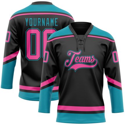 Personalized Black Pink Teal Hockey Jersey with Lace Neck Design Personalized Black Pink-Teal Hockey Lace Neck Jersey