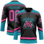 Personalized Black Pink Teal Hockey Jersey with Lace Neck Design Personalized Black Pink-Teal Hockey Lace Neck Jersey