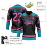 Personalized Black Pink Teal Hockey Jersey with Lace Neck Design Personalized Black Pink-Teal Hockey Lace Neck Jersey