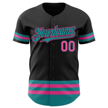 Personalized Black Pink Teal Line Baseball Jersey for Men and Women Personalized Black Pink-Teal Line Baseball Jersey