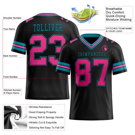 Custom Name and Number Personalized Black Pink-Teal Mesh Football Jersey - Authentic Team Gear Personalized Black Pink-Teal