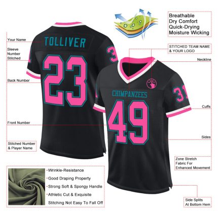 Personalized Black Pink Teal Football Jersey - Retro Mesh Design for Men and Women Personalized Black Pink-Teal Mesh Throwback