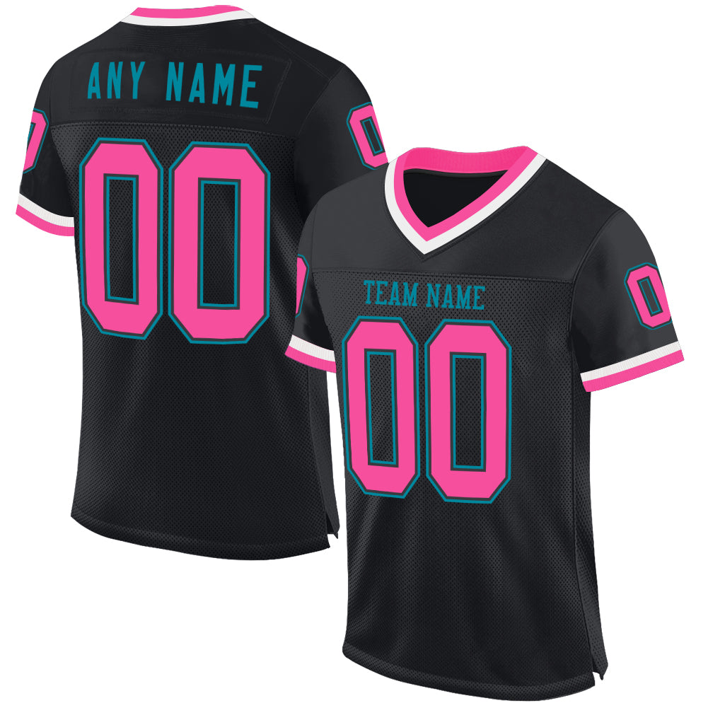 Personalized Black Pink Teal Football Jersey - Retro Mesh Design for Men and Women Personalized Black Pink-Teal Mesh Throwback