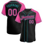 Personalized Black Pink Teal Baseball Jersey with Raglan Sleeves Personalized Black Pink-Teal Raglan Sleeves Baseball Jersey