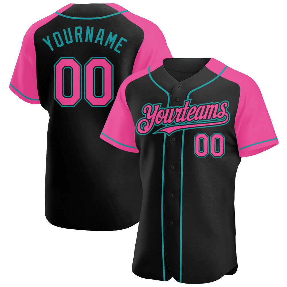 Personalized Black Pink Teal Baseball Jersey with Raglan Sleeves Personalized Black Pink-Teal Raglan Sleeves Baseball Jersey