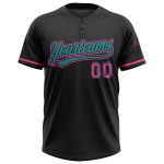 Personalized Two-Button Unisex Softball Jersey in Black Pink-Teal Color Personalized Black Pink-Teal Two-Button Unisex Softball