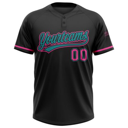 Personalized Two-Button Unisex Softball Jersey in Black Pink-Teal Color Personalized Black Pink-Teal Two-Button Unisex Softball
