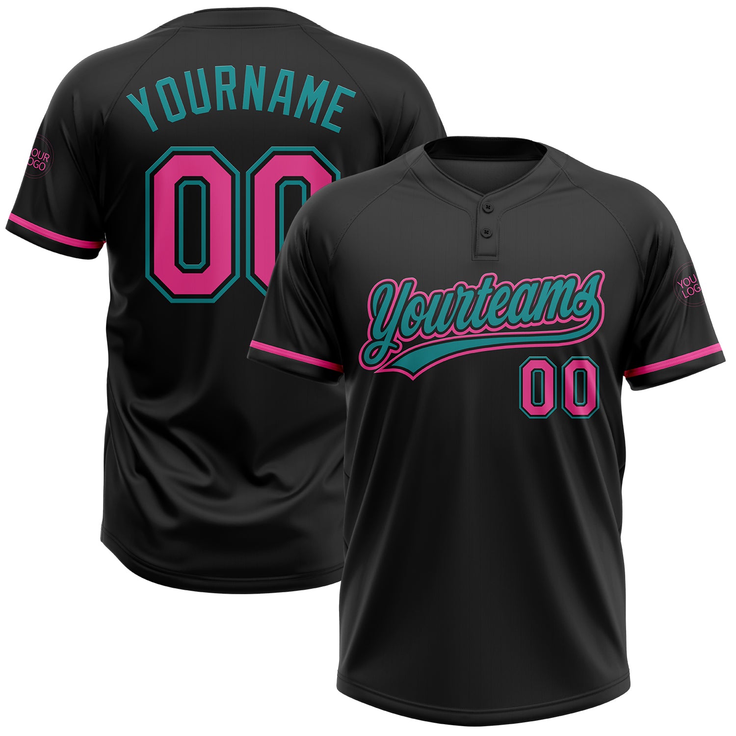 Custom Name and Number Unisex Softball Jersey in Black Pink-Teal - Personalized Two-Button Design Personalized Black Pink-Teal