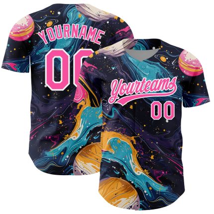 Personalized 3D Abstract Liquid Painting Baseball Jersey in Black and Pink Personalized Black Pink-White 3D Abstract Liquid