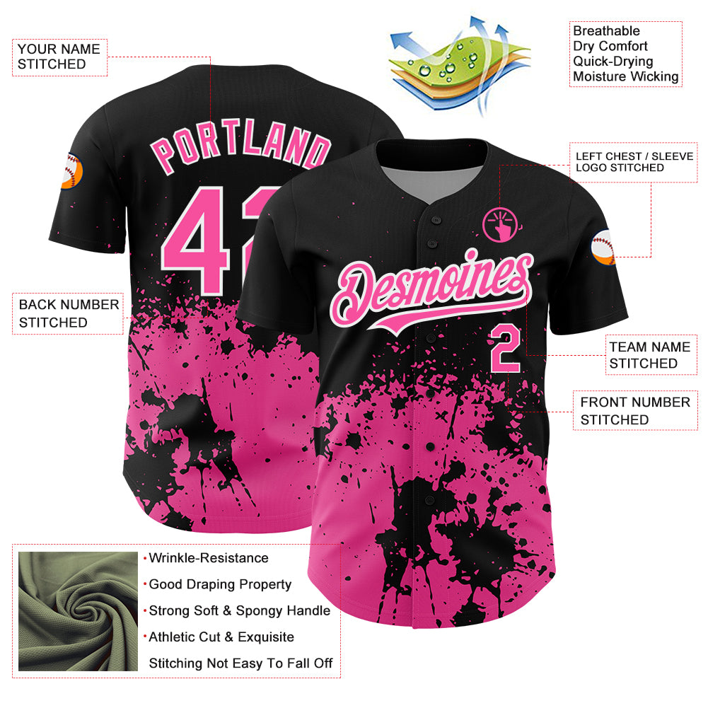 Personalized 3D Abstract Splash Grunge Art Baseball Jersey in Black Pink-White Personalized Black Pink-White 3D Abstract - Image 3