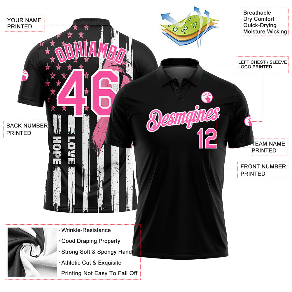 Personalized 3D American Flag Pink Ribbon Breast Cancer Awareness Golf Polo Shirt for Women Health Care Support Personalized - Image 3