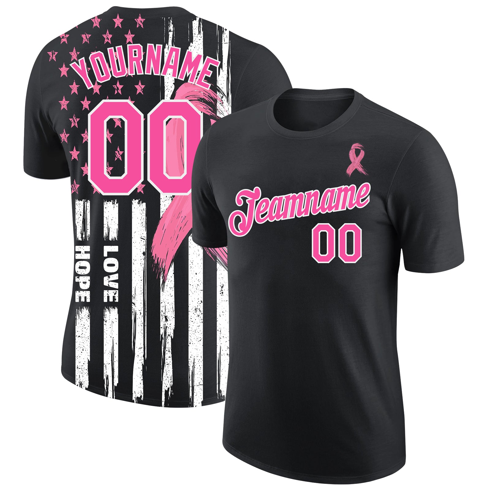 Personalized Breast Cancer Awareness Performance T-Shirt for Women - Black Pink-White 3D American Flag Pink Ribbon Personalized