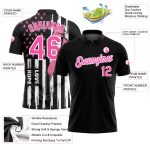 Personalized Breast Cancer Awareness Golf Polo Shirt for Women - Black Pink-White 3D American Flag with Pink Ribbon, Custom Name & Number