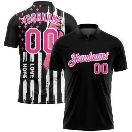 Personalized Breast Cancer Awareness Golf Polo Shirt for Women - Black Pink-White 3D American Flag with Pink Ribbon, Custom Name & Number