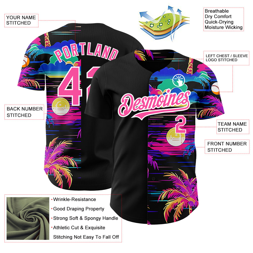 Personalized 3D Black Pink-White Beach Jersey with Hawaii Palm Trees, Baseball Style Personalized Black Pink-White 3D Beach - Image 3