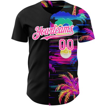 Personalized 3D Black Pink-White Beach Jersey with Hawaii Palm Trees, Baseball Style Personalized Black Pink-White 3D Beach