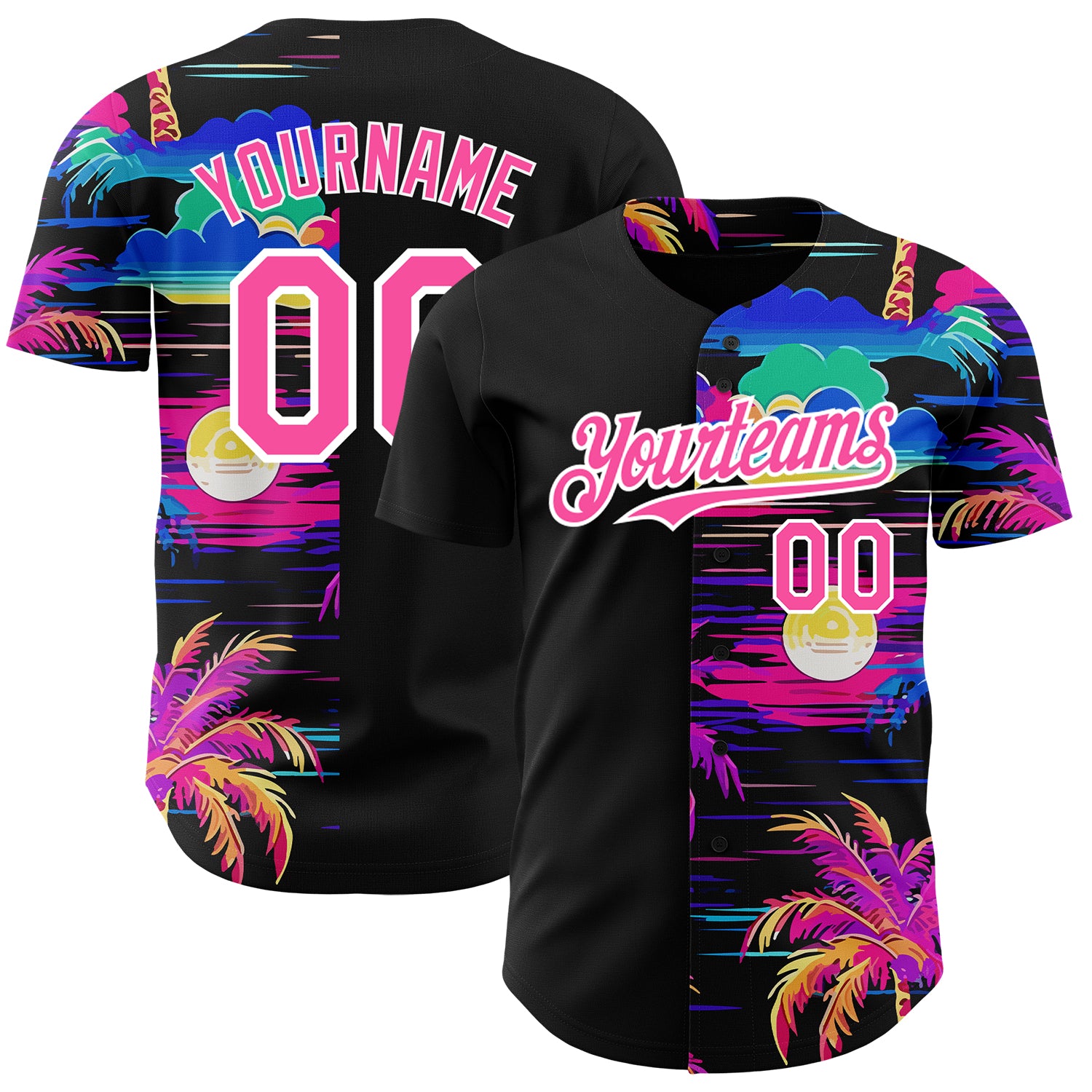 Personalized 3D Black Pink-White Beach Jersey with Hawaii Palm Trees, Baseball Style Personalized Black Pink-White 3D Beach