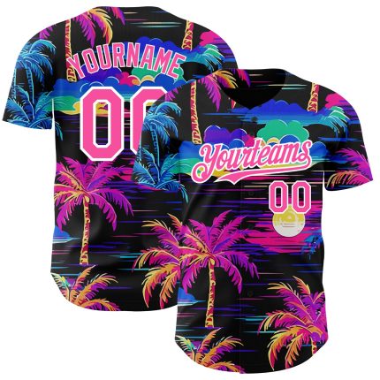 Personalized 3D Black Pink-White Beach Jersey with Hawaii Palm Trees - Baseball Jersey Personalized Black Pink-White 3D Beach
