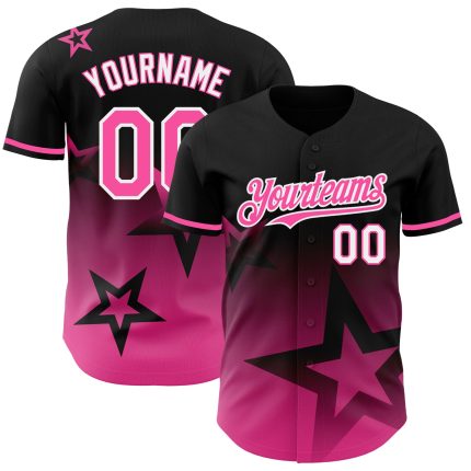 Personalized Twinkle Star Baseball Jersey - Black Pink-White 3D Gradient Style Personalized Black Pink-White 3D Gradient