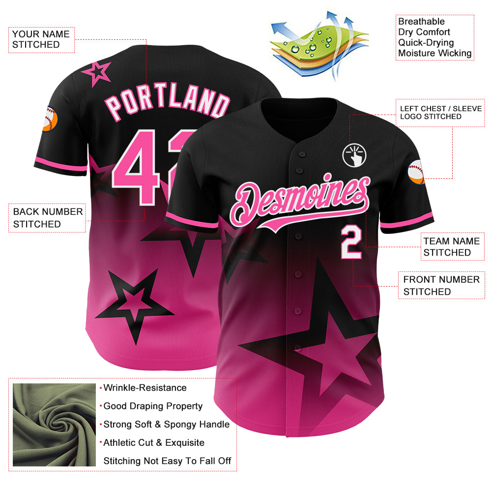 Personalized Twinkle Star Baseball Jersey - Black Pink-White 3D Gradient Style Personalized Black Pink-White 3D Gradient - Image 3