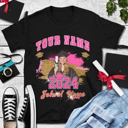 Personalized 3D Graduation T-Shirt Black Pink-White Design for Memorable Celebrations Personalized Black Pink-White 3D Graduation