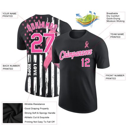 Personalized Breast Cancer Awareness American Flag T-Shirt with Pink Ribbon, Custom Name & Number, 3D Pattern, Womens Health Care Support