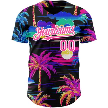 Custom Name and Number Authentic Baseball Jersey with 3D Pink-White Palm Tree Design - Personalized Beach Hawaii Style Personalized
